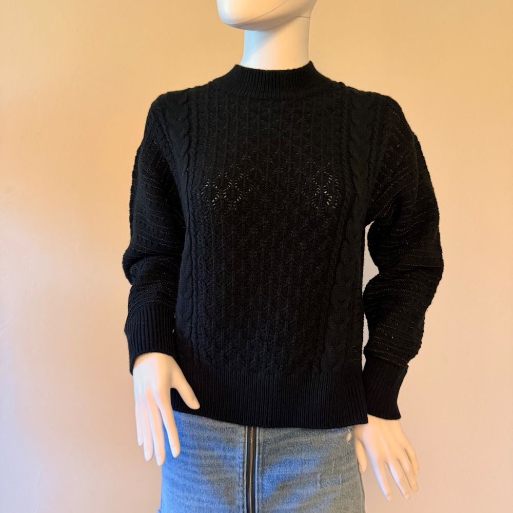 GUESS Womens Black Metallic‎ Cable Knit Mock Neck Sweater Shimmer Pointelle  S